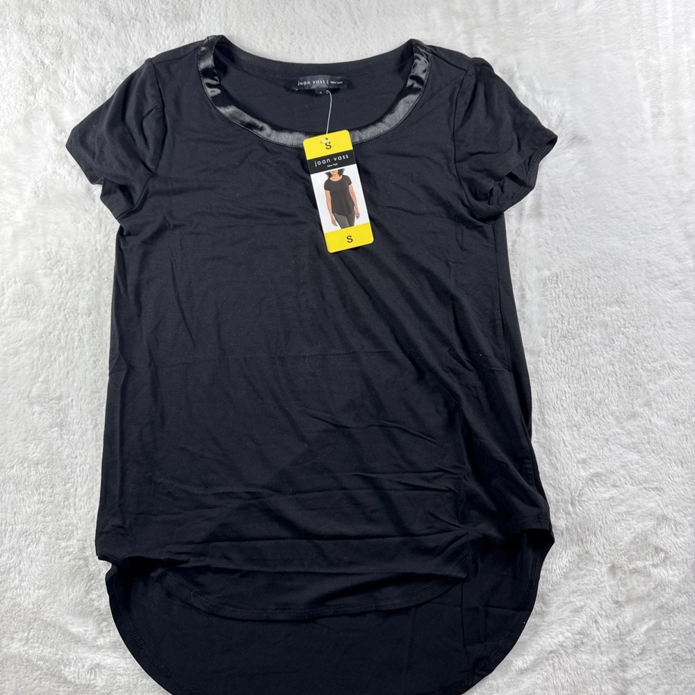 Joan Vass Ladies Satin Collar Top Blouse Black Short Sleeve Small 1557204